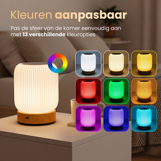 Nachtlampje - Oplaadbaar nachtlampje - Afstandsbediening - 13+ kleuren - Tijdfunctie - Wake-up Light - Sfeerlamp - Leeslamp - Tafellamp slaapkamer - Nachtlampje kinderen en volwassenen - Touch bediening - Dimbaar - Draadloos Nachtlampje Bamboe