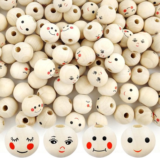 60 Stuks Houten Kralen Met Smiley – 20 Mm – Met Gaatje Van 4,5 Mm – Voor Armbanden, Kettingen En Knutselprojecten