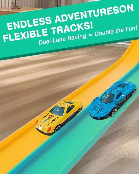 Bocguy Autoracebaan 4 meter met 4 auto's - Flexibele racebaan kinderen racebaan met dubbele baan & hellingen - Racebaan speelgoed voor kinderen vanaf 3 jaar - Cadeaus voor jongens en meisjes