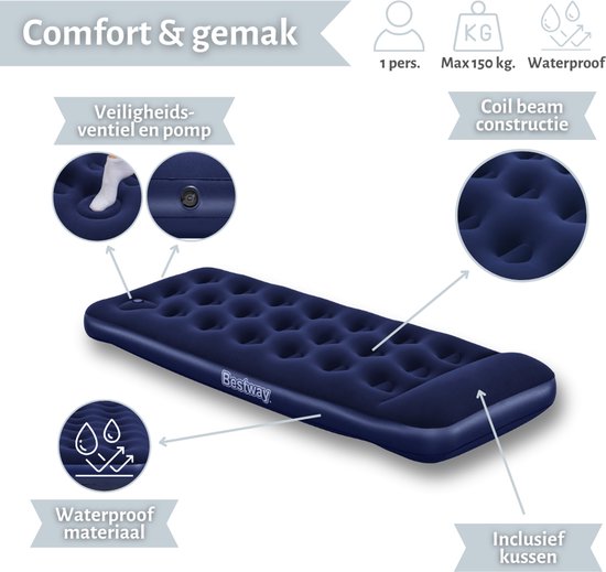 Bestway – Lit pneumatique – 1 personne – 76 × 185 × 28 cm – Bleu – Avec pompe à pied intégrée - Lit pneumatique - Camping - Extérieur - Intérieur - 1 personne