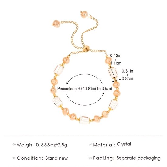Gouden armband met crème parels en heldere facetkralen met afmetingen en materiaalindicaties.