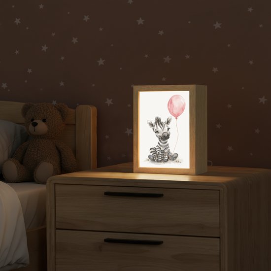 Nachtlampje 15x20 cm - Kinder lamp - Zebra - Baby - Dieren - Roze ballon - Tafellamp kinderkamer - Slaapkamer lamp - Bedlamp kinderen - Kinderlampje stopcontact - Wandlamp babykamer - Nachtlampjes van Merkloos — afbeelding 2