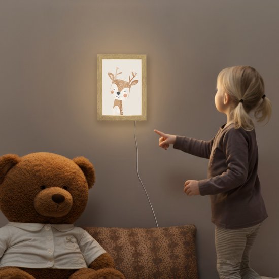 Nachtlampje 15x20 cm - Kinder lamp - Hert - Bosdieren - Beige - Tafellamp kinderkamer - Slaapkamer lamp - Bedlamp kinderen - Kinderlampje stopcontact - Wandlamp babykamer - Nachtlampjes van Merkloos — afbeelding 5