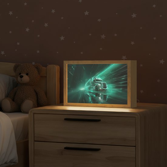 Nachtlampje 30x20 cm - Kinder lamp - Vrachtwagen - Snelheid - Groen - Neon - Tafellamp kinderkamer - Slaapkamer lamp - Bedlamp kinderen - Kinderlampje stopcontact - Wandlamp babykamer - Nachtlampjes van Merkloos — afbeelding 2