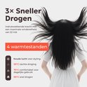 Vrouw met wapperend haar, 3x sneller drogen met de CIRIE L haardroger. Weergave van 4 warmtestanden: koud, 50°C, 70°C, 90°C.