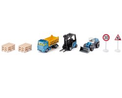 SIKU 6336, cadeauset bouwplaats, incl. vrachtwagen, heftruck, wiellader, 6 pallets, 2 verkeersborden, metaal/kunststof, geel/blauw, bewegende delen