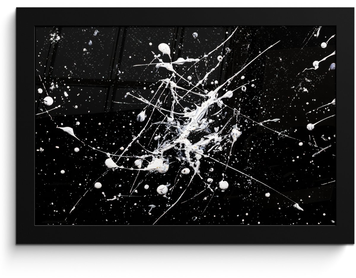 FrameYourWall Poster in lijst - Fotolijst 30x20 cm - Posters - Verfspatten - Wit - Abstract - Explosie - Posterlijst zwart - Decoratie - Wanddecoratie woonkamer - Muurdecoratie slaapkamer