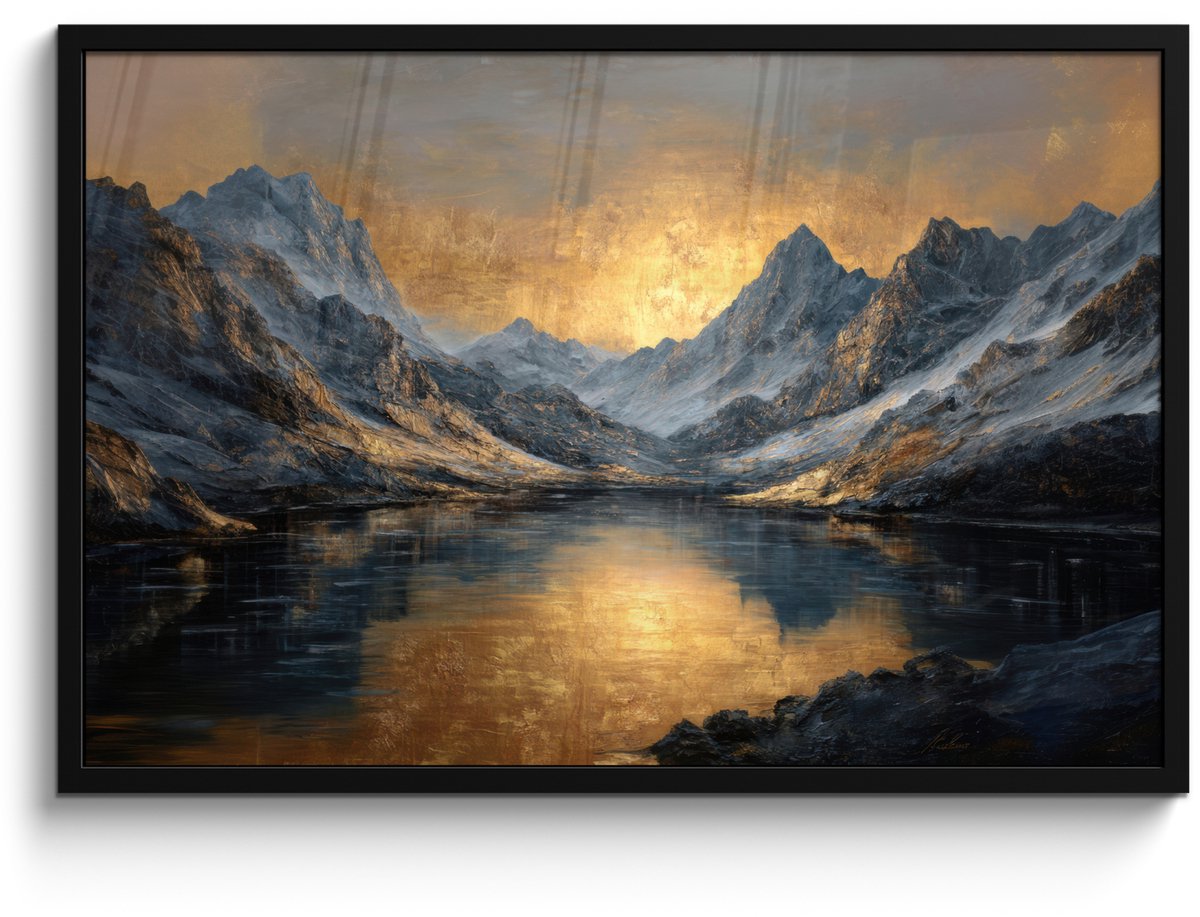 FrameYourWall Poster in lijst - Fotolijst 90x60 cm - Posters - Berglandschap met Gouden Zonsondergang - Posterlijst zwart - Decoratie - Wanddecoratie woonkamer - Muurdecoratie slaapkamer Bergen - Zonsondergang - Meer