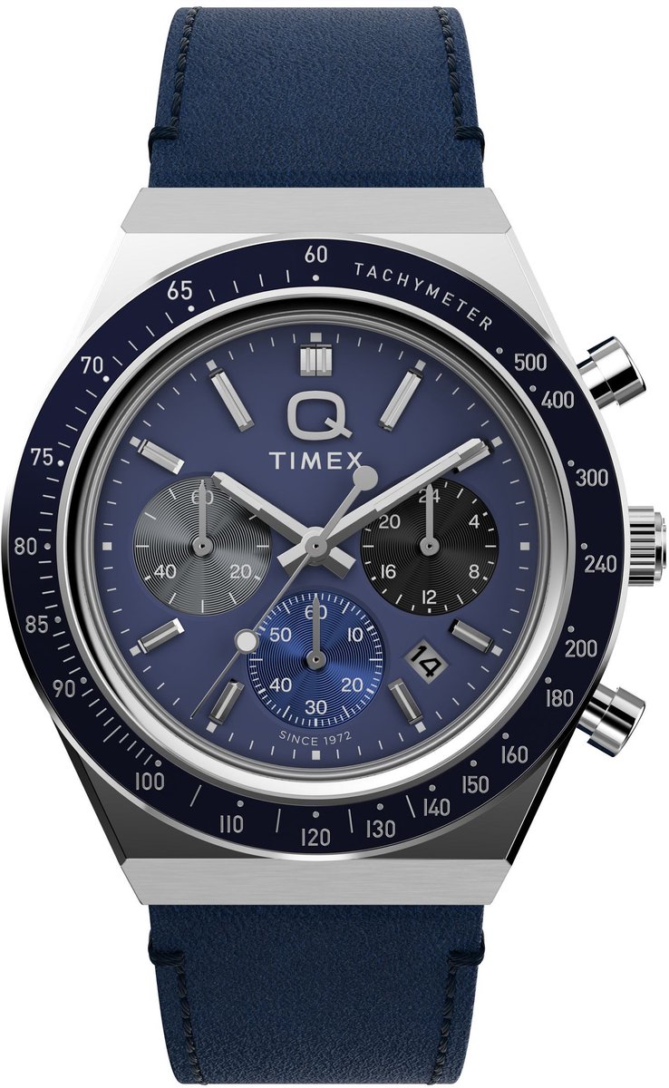 Timex Q Timex® Chronograph Quartz Chronograaf Horloge Blauw Kast: 100% Roestvrij Staal | Armband 100% Leer 40 mm TW2Y36100AJ
