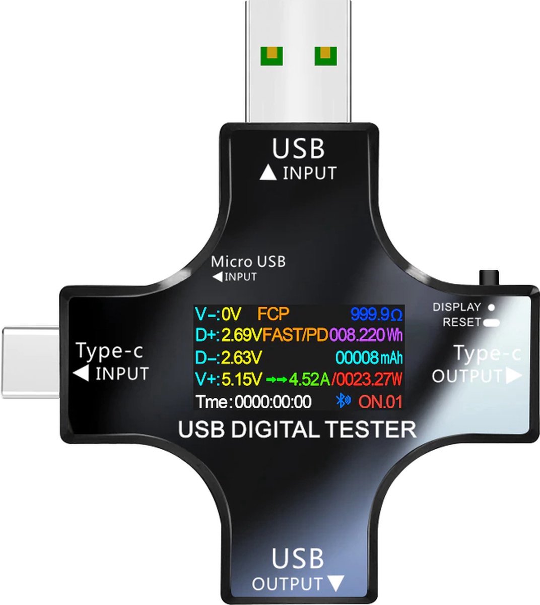Naova® USB Digitale Spannings Stroommeter QC-PD voltmeter 3,6V~32V met TFT Display | Stroom Energie Wattmeter | Indicator Power Bank | Oplader Detector | Bluetooth version