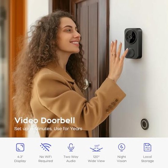 Draadloze Video Deurbel met Camera, 4.3 Inch IPS Scherm, Bluetooth Verbinding, Geen WLAN/App Nodig, Lokale Geheugen, Nachtzicht, 2-Weg Audio, Opname van Merkloos — afbeelding 2