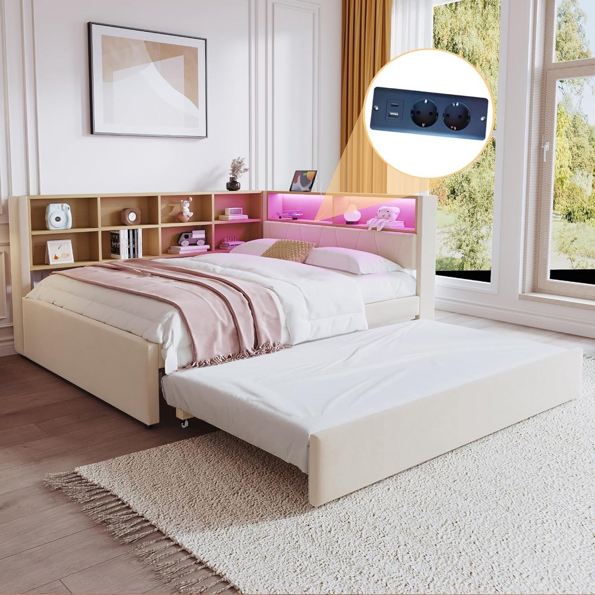 Sofa bed met LED verlichting en opbergruimte, 140 x 200 cm, uittrekbed 90 x 190 cm, flanel, beige