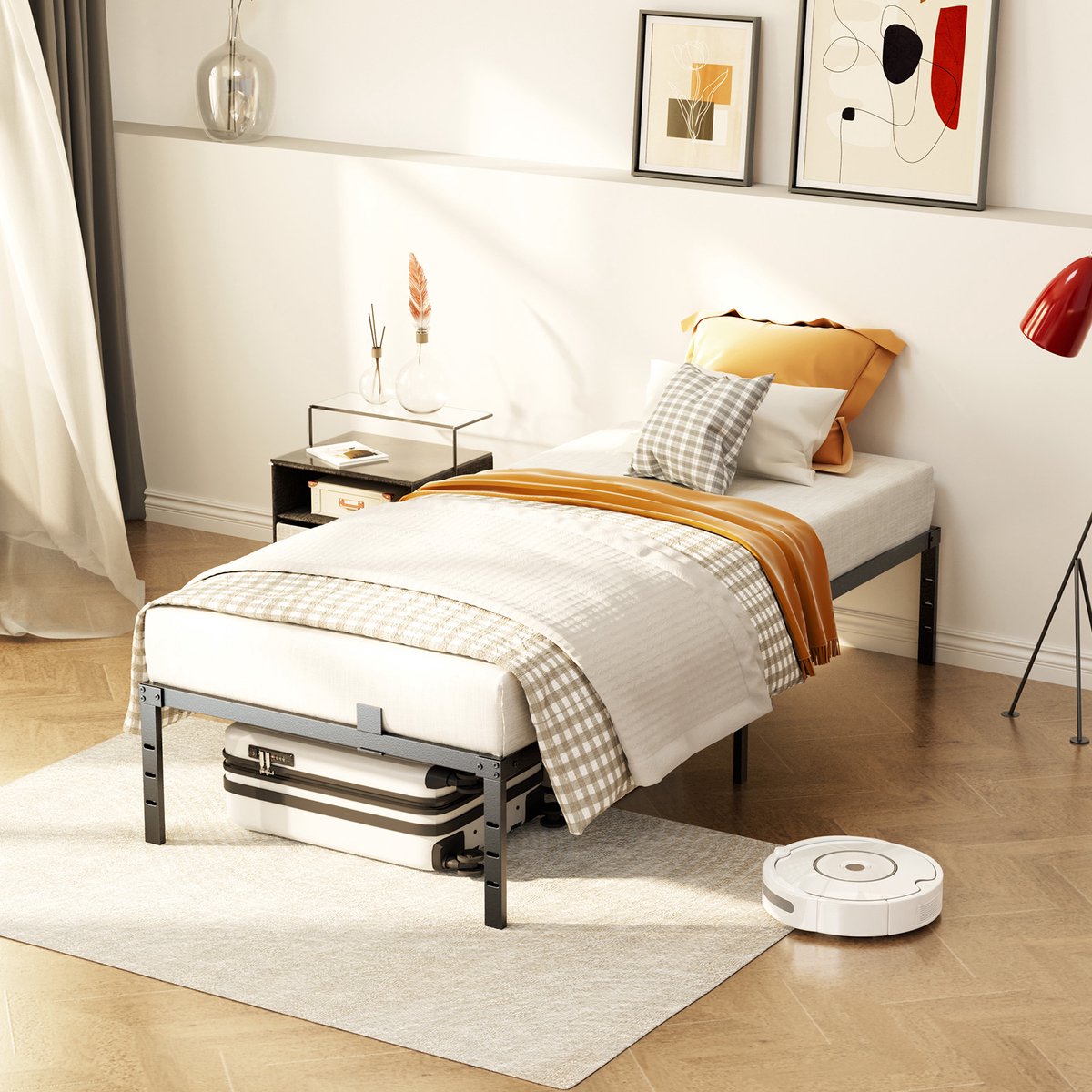 CECIPA Metalen Bed 90x200 cm - Minimalistisch Bedframe - Stevig - Stil - Anti Slip - Grote Opbergruimte - Schroefloze Montage - IJzeren Bed - Duurzaam - Roestvrij - Ideaal voor Kleine Woningen Kinderkamers en Logeerkamers
