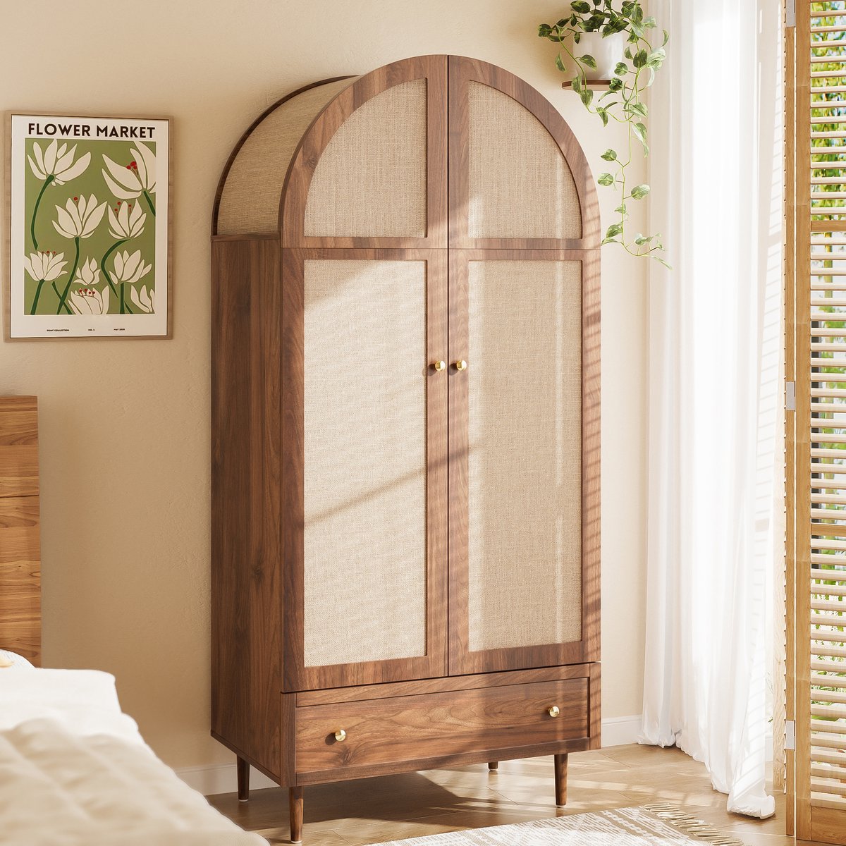 STILVORA Kledingkast - Modern Walnootlook Met Stofbeklede Deuren En Bogen - Lade En Brede Kledingstang Voor Opbergen - MDF - 79x50x175 cm - Notenbruin Natuurlijk