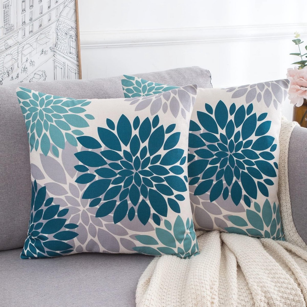 Set van 2 Moderne Kussenslopen - 45 x 45 cm - Blauwgroen en Grijs - Decoratieve Kussens voor Woonkamer en Tuin