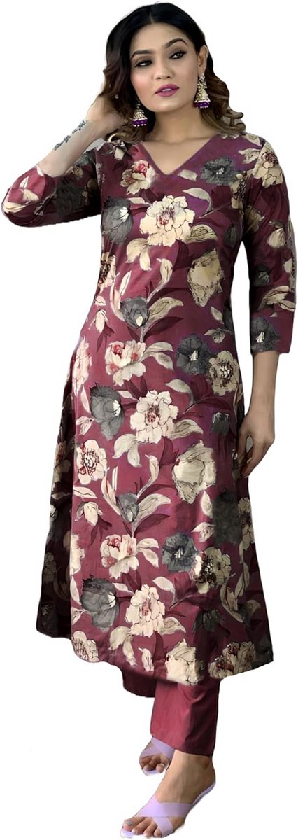 Dames Rayon Rechte Geprinte Kurta en Pant Set