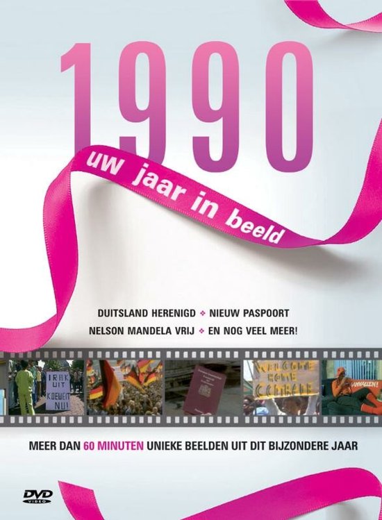 DVDhoes met grote tekst '1990 uw jaar in beeld'. Bevat filmstrip met nieuwsbeelden uit 1990, o.a. Duitsland herenigd en Nelson Mandela vrij.