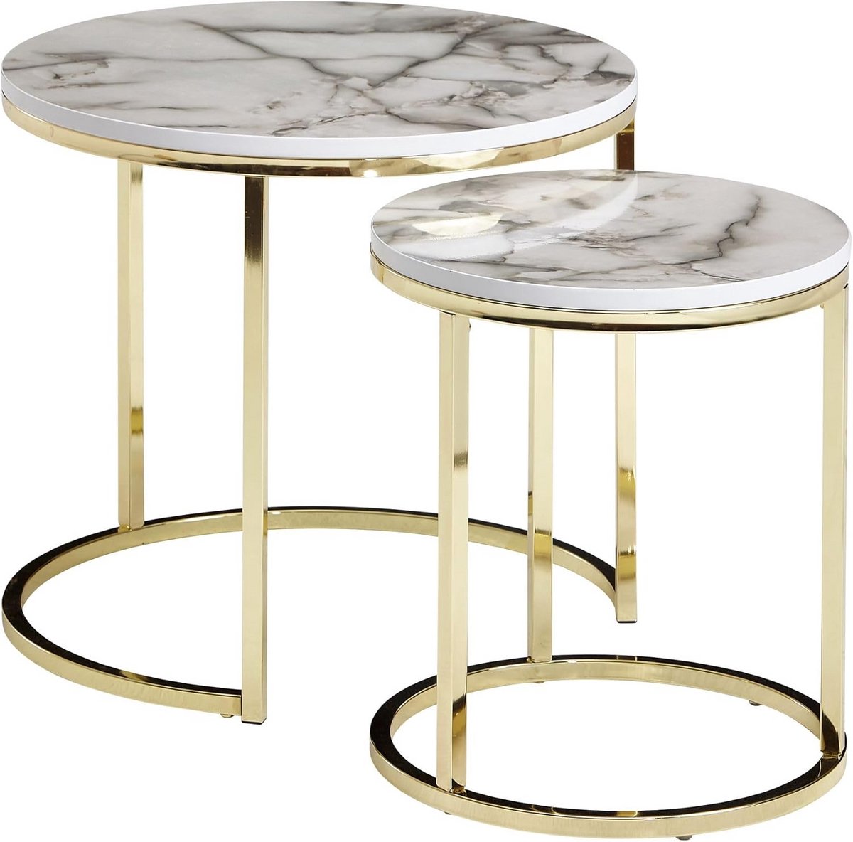 Moderne set van 2 ronde bijzettafels met marmerlook en gouden frame