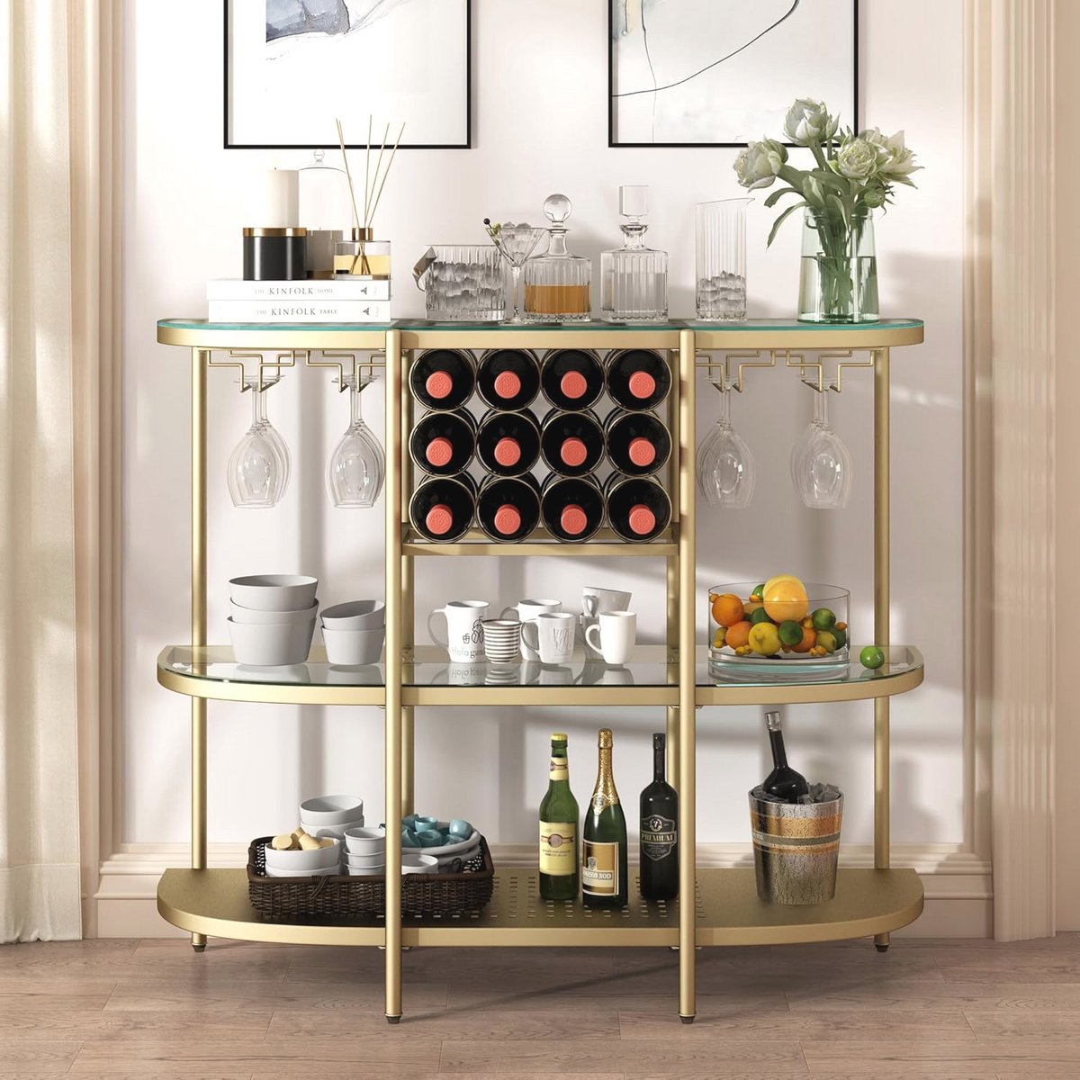 Elegante Bartafel met Wijnrekken en Glazen Houders - 3-Laags Design voor Woonkamer en Keuken