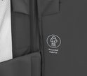 Détail de tissu gris foncé avec logo 'Eco Care Recycled Fabrics'.