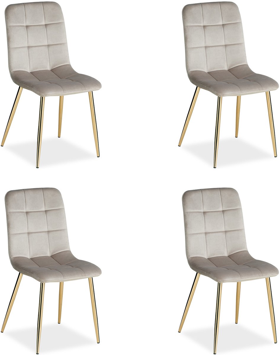 Homestyle4u Eetkamerstoelen van fluweel - 4 Stoelen - Lichtgrijs en Gouden