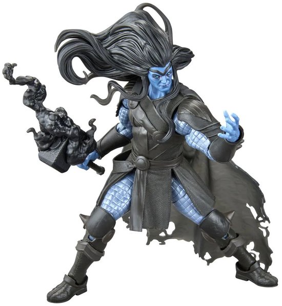Zwarte Winter (Thor) actiefiguur met blauwe huid, zwart pantser, grijze cape en een donkerkleurige hamer.
