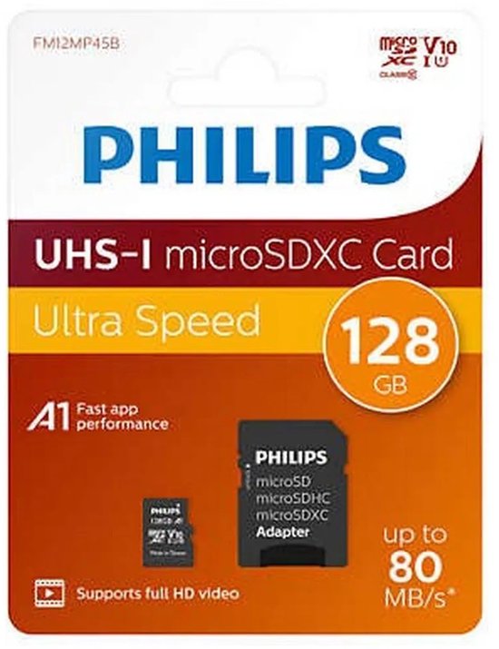 Philips UHS-I microSDXC kaart 128 GB. Oranje verpakking met rode en gele accenten. Tekst: 'Ultra Speed', 'Fast app performance', 'Supports full HD video'.