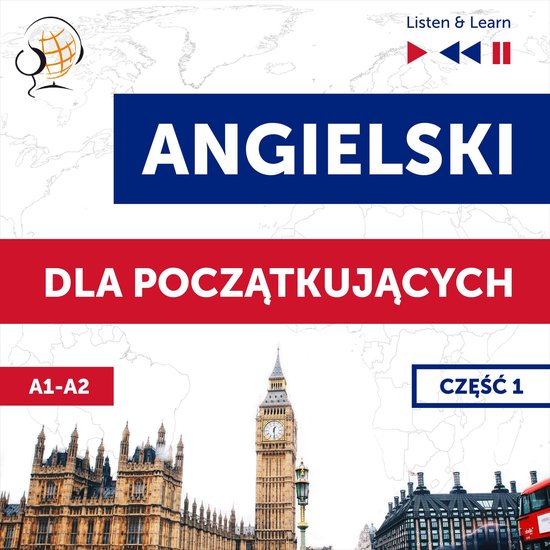 Boekhoes met de tekst 'Angielski dla początkujących. Część 1' en iconen van de Big Ben, het parlement en een rode dubbeldekkerbus.
