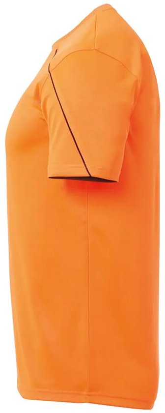 Fluo oranje Uhlsport sportshirt voor heren met zwarte biesjes op de mouwen en schouders.