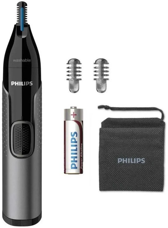 Zwarte en zilveren Philips neustrimmer met accessoires: batterij, 2 opzetkammen en etui.