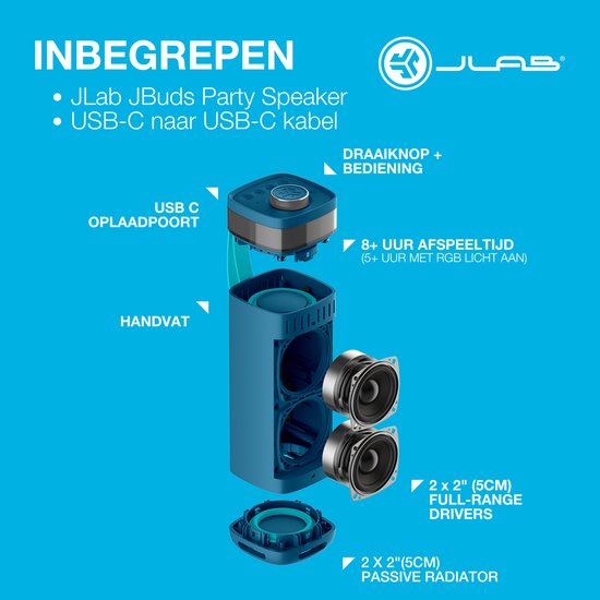 JLab Jbuds Bluetooth Speaker Draadloos - Draagbare Muziekbox - 12 uur Batterijduur - 30 Watt - Bass Boost - IPX6 Waterproof - Multipairing - Instelbare Party Lights - App Equalizer - Blauw