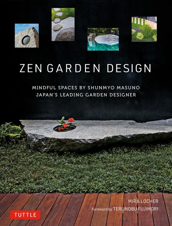 Livre 'Zen Garden Design'. La couverture présente quatre petites photos de jardins et une grande photo d'un plateau en pierre avec quelques fleurs rouges.