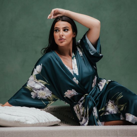 BABEYOND Dames ochtendjas met bloemenprint, zomer, badjas, kimono, korte robe, lichte slaapjas, satijnen strandjurk, wit, One size