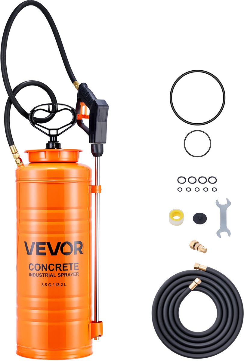 VEVOR Industriële Drukspuit, 13,2l Roestvrijstalen Spuit, Hoogwaardige Pompspuit, Lans met Ergonomische Pistoolgreep, Slang, 2 Messing Sproeiers, Ideaal voor de Bouw En Tuin