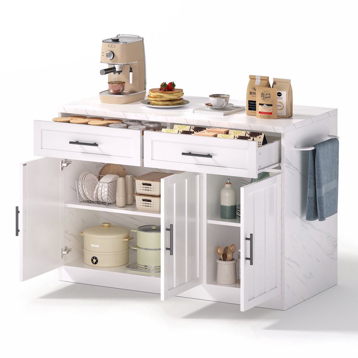 Merax Keukeneiland - 120x60x91cm - Wit Marmerlook Werkblad met USB en Stopcontact - Keukenmeubel met Lades Deuren en Handdoekhouder - Moderne Keukenbar met Opbergruimte