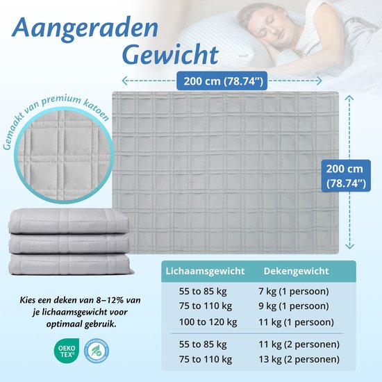 Ella Verzwaringsdeken 13 Kg - OEKO-TEX Katoen Zwaartedeken 200 x 200cm - Weighted Blanket - Verzwaarde Deken voor 2 Personen - Grijs