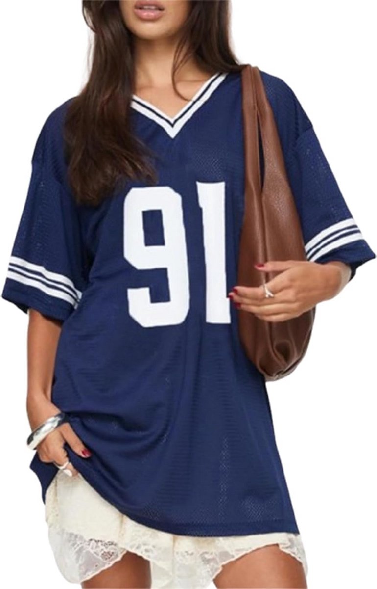 Oversized V-hals Jersey T-shirt voor Dames met Korte Mouwen en Grafische Print