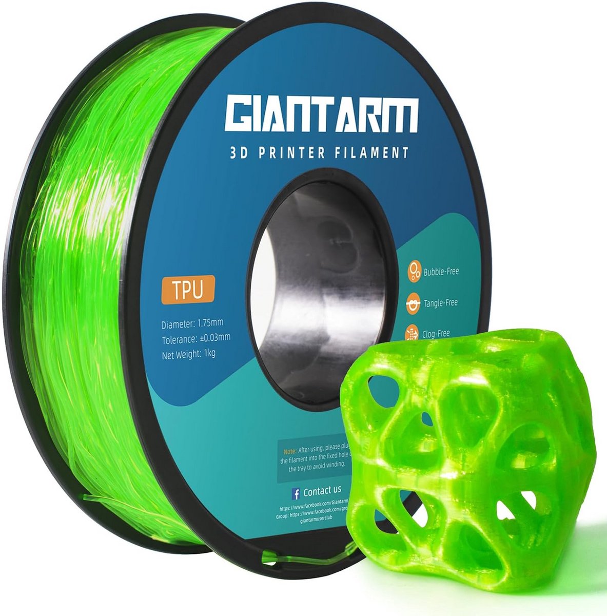 Flexibel TPU 3D-printerfilament 1.75mm - 1kg, Transparant Groen