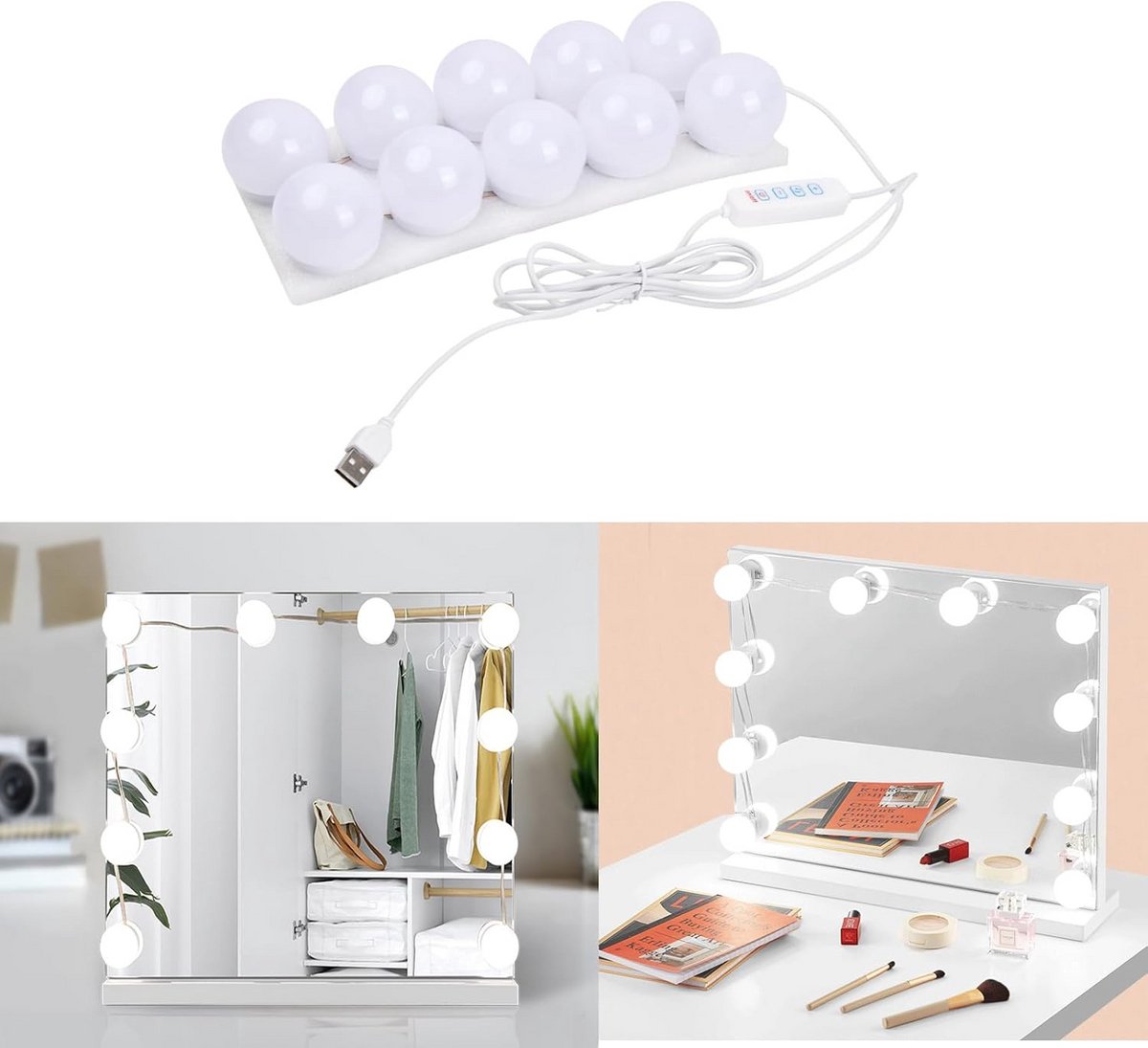 Dimbare spiegellamp met 10 LEDs voor kaptafel - 3 kleuren Hollywood stijl