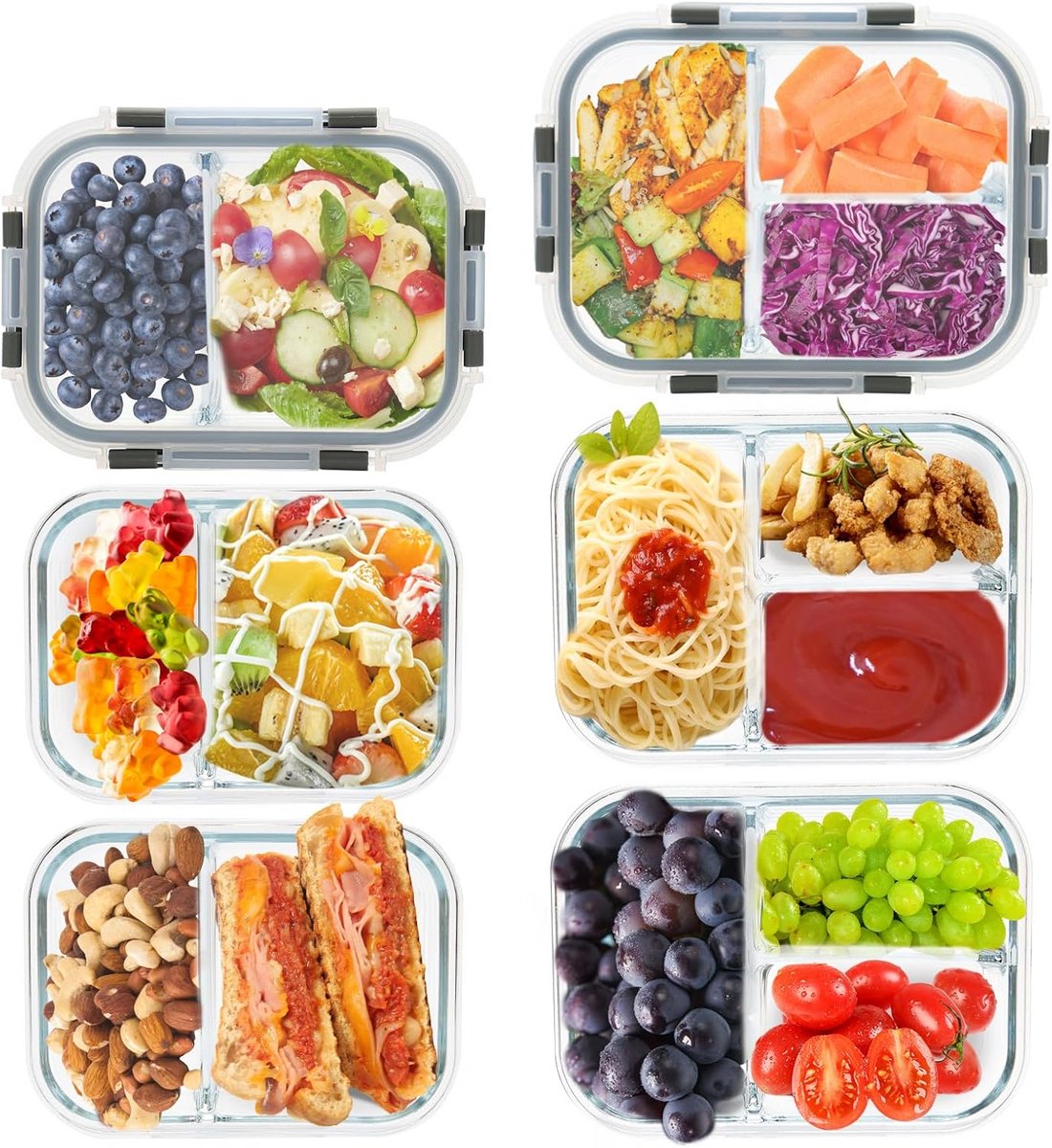 Opwarmbare Glas Containers met 2 & 3 Vakken - Lunchboxen & Vershoudbakjes Set