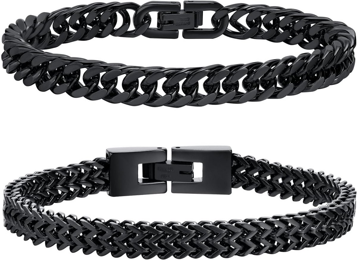 FLHEART Cubaanse schakelarmband voor heren, roestvrij staal-zilver-zwart-goud, met stevige dubbele Franco schakelarmband, voor vader-broer-vriend, breedte 8 mm, lengte 18,8-20,8 cm, 2 stuks