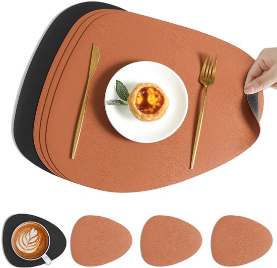 Ensemble 4 pièces de sets de table et dessous-de-verre, design recto-verso, antidérapant et imperméable, lavable, fabriqué en cuir, orange et noir (4 sets de table et 4 dessous-de-verre)