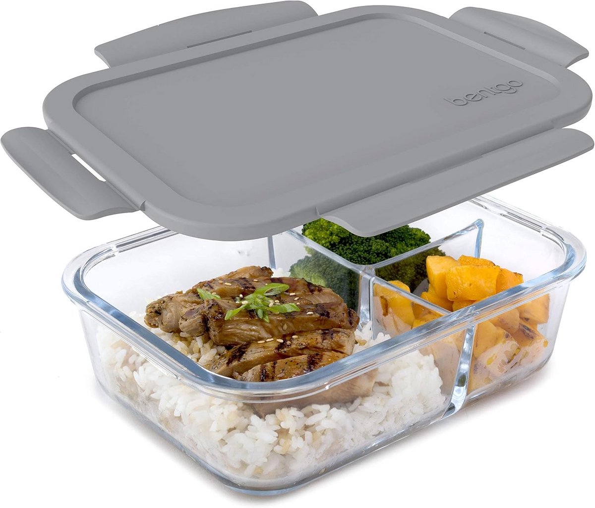 Lekvrije Glazen Lunchbox met 3 Vakken voor Maaltijdbereiding en Portionering