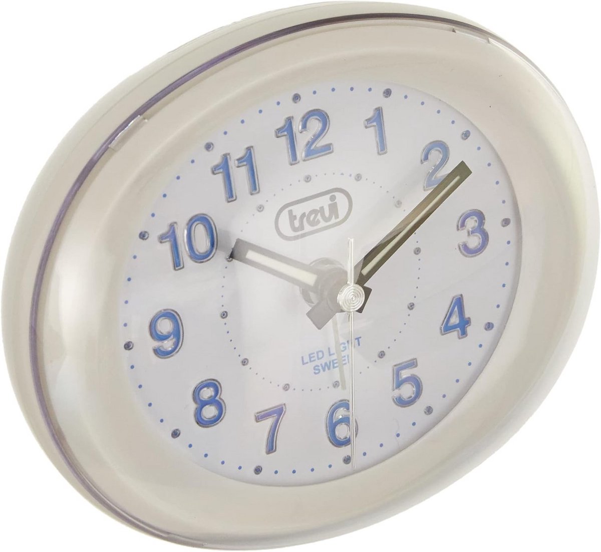 Witte kunststof wekker met alarm en licht - 10 x 8,4 x 5,4 cm
