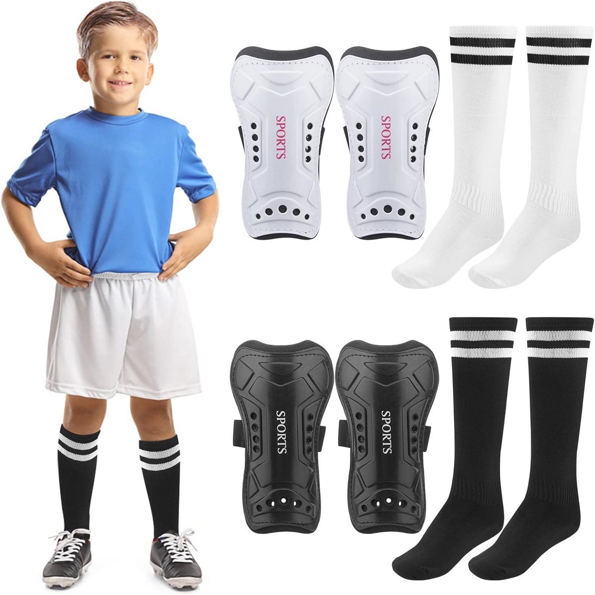 Voetbalscheenbeschermers in zwart en wit met lange sokken, geschikt voor kinderen van 4-10 jaar, perfect voor training en ...