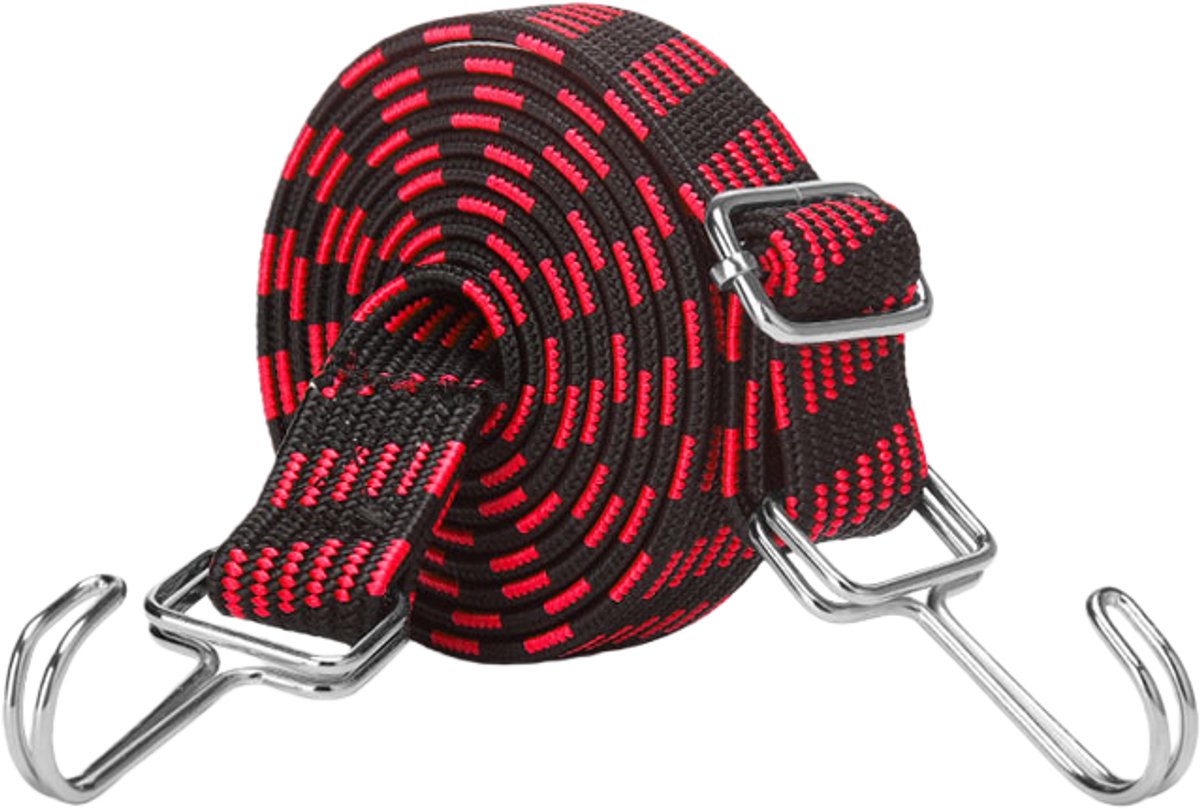 Elastisch touw, verstelbaar elastisch touw, elastisch touw met haak, plat elastisch touw, geschikt voor het vervoeren van goederen, fietsen, motoren, auto's, kamperen, enz., rood, 1 meter.