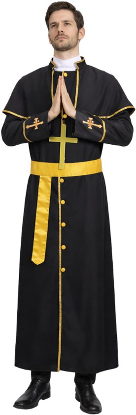 Joya Party® Costume Ecclésiastique Homme Noir | Robe de Prêtre Luxe avec Cape & Croix Dorée | Tenue de Saint Homme | Costume de déguisement Hommes | Carnaval, Fête à thème & Halloween Déguisement | Taille M
