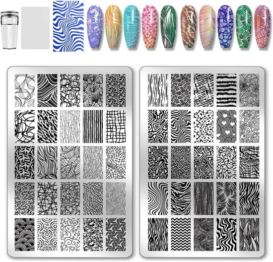 Foto: 2 stks lijntextuur nail stempelen platen golf lijnen nail art stempelen bladeren planten nagels ontwerp stencils stroomlijn nagels afbeelding platen manicure sjablonen voor vrouwen