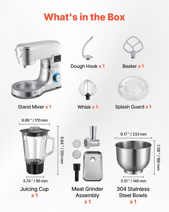Elektrische Keukenmachine - Standmixer/Deegmixer - 1500 W - RVS Kom 5,7 L - Mengkom 1,5 L - 6+P Snelheden - Inclusief Deeghaak, Garde En Klopper — afbeelding 5
