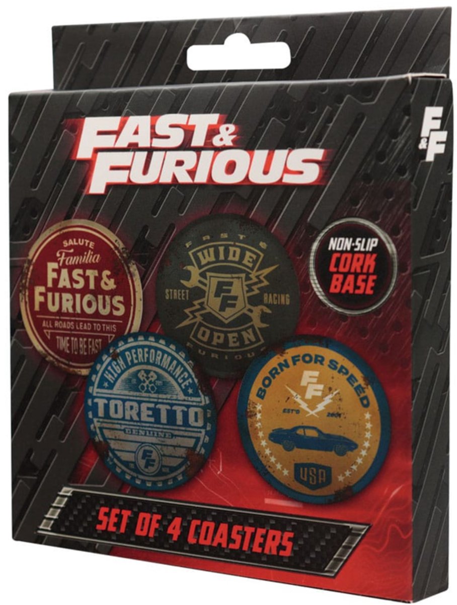 FaNaTtik Fast & Furious Coaster 4-Pack Vintage Style Glasses & Coasters
